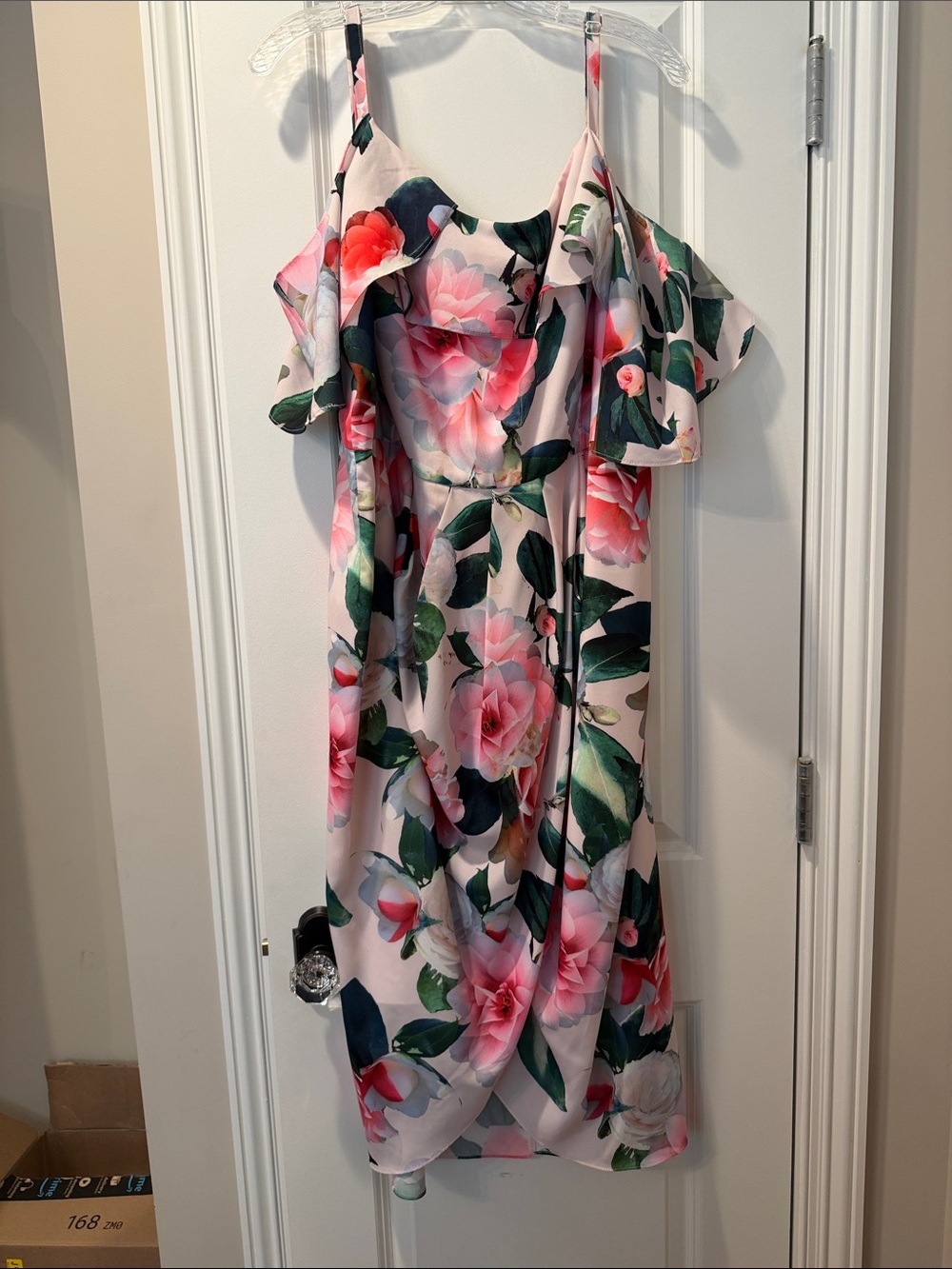 City Chic Pink Floral Off-Shoulder Midi Dress with Green Leaves